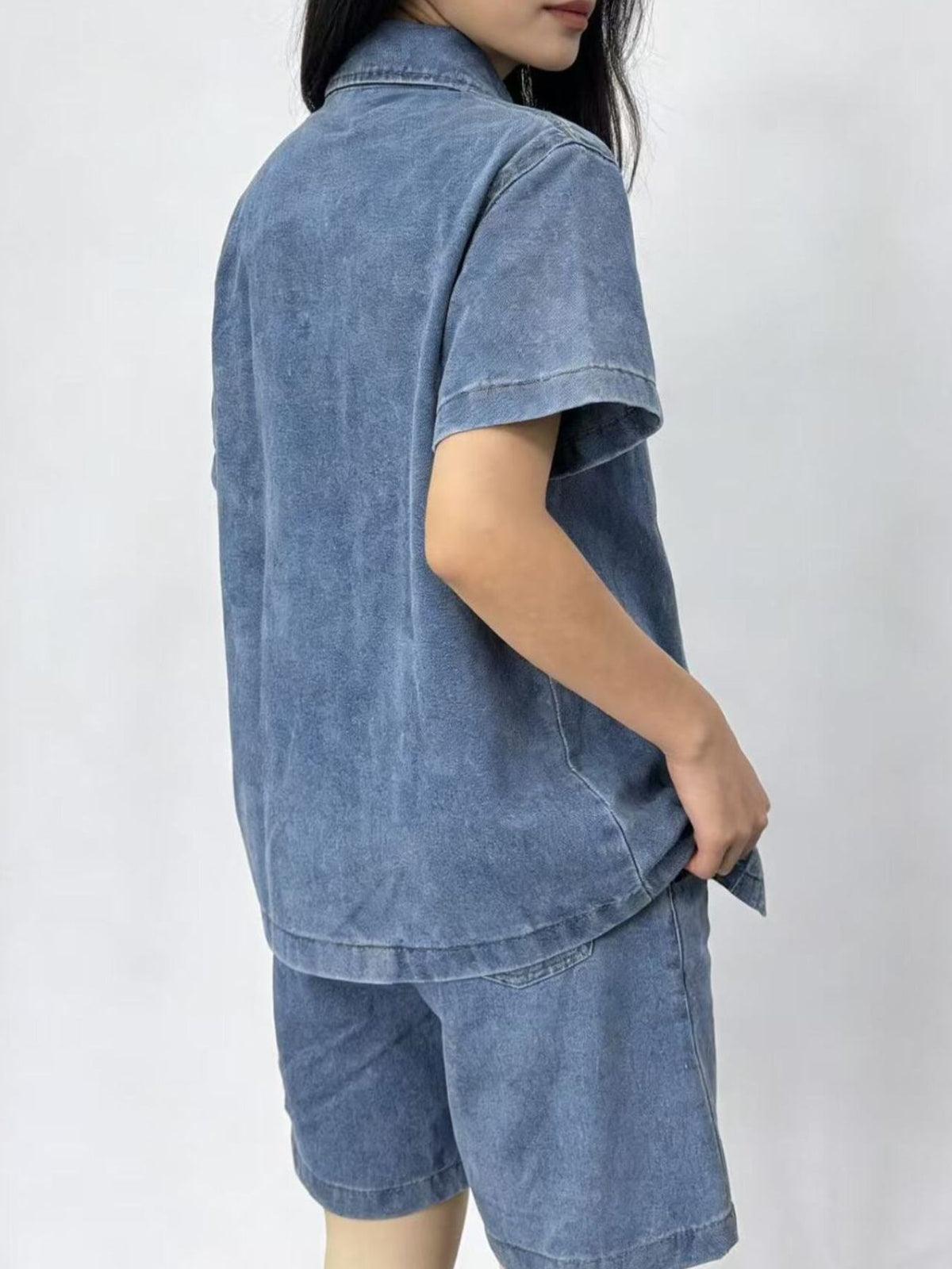 Coordinated button up top denim shorts set back view