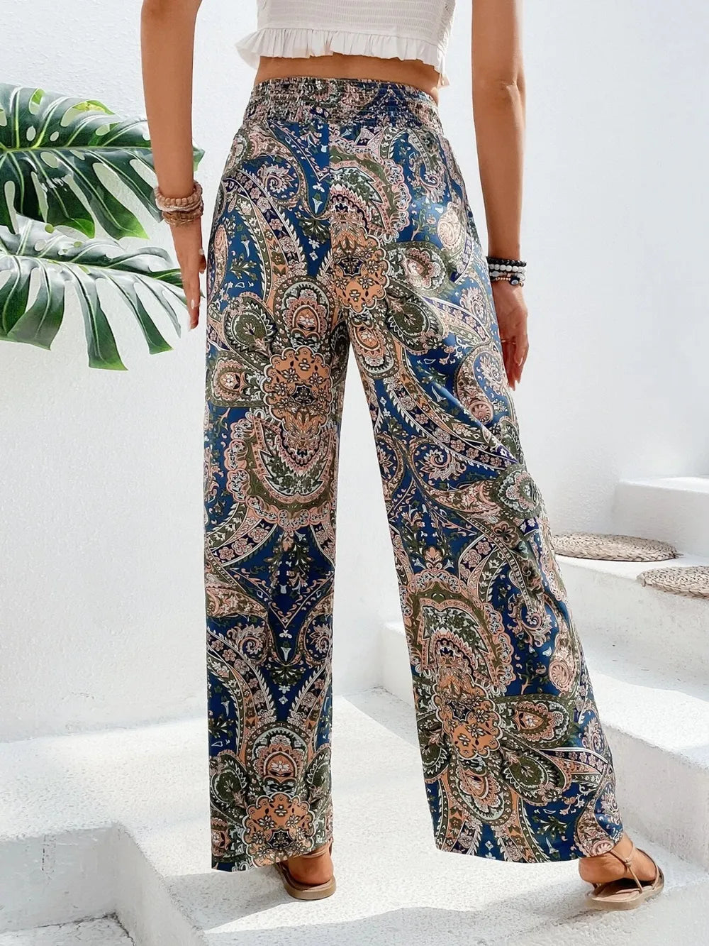 Printed tie waist wide leg pants multicolor colorway