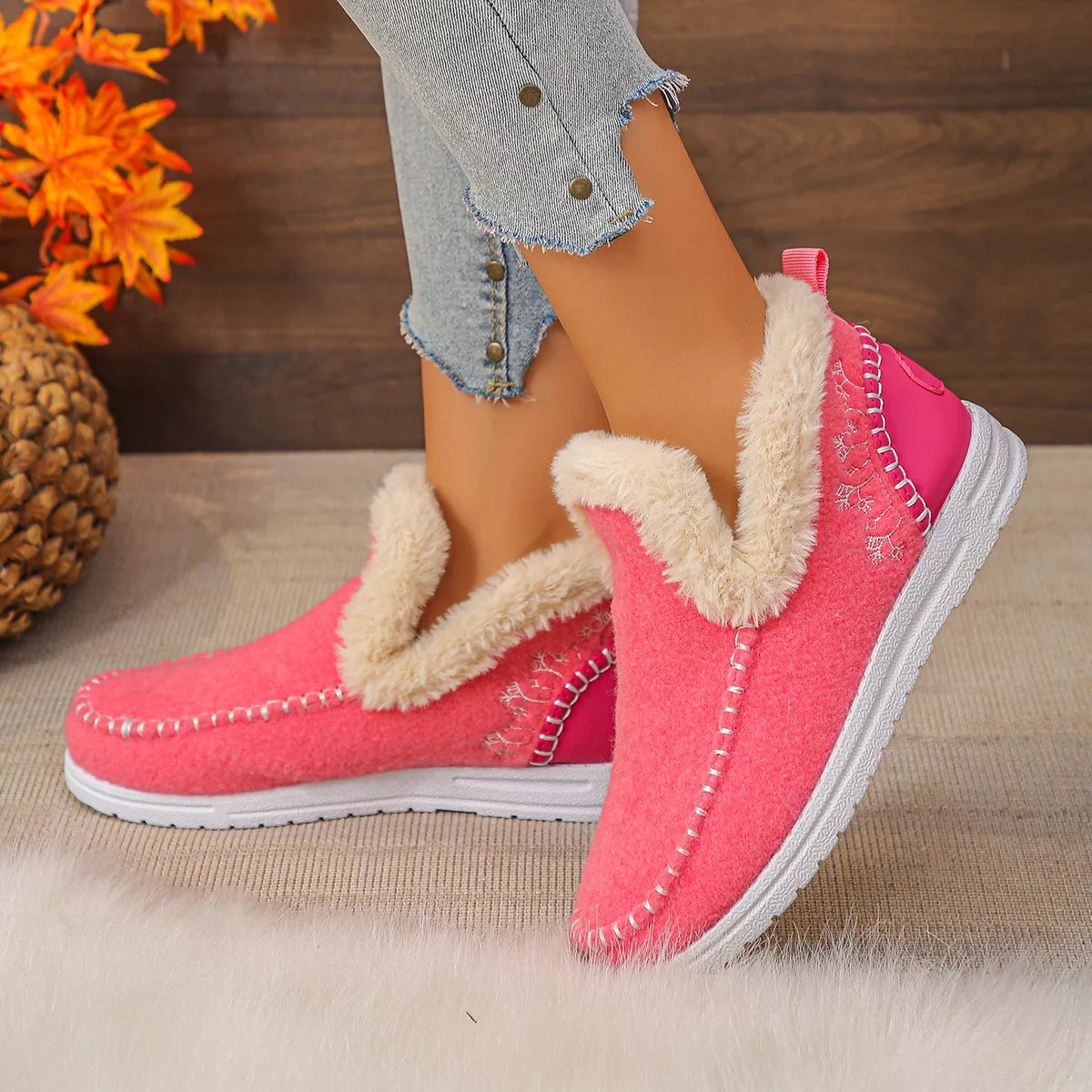Fleece lined round toe ankle boots styled with denim
