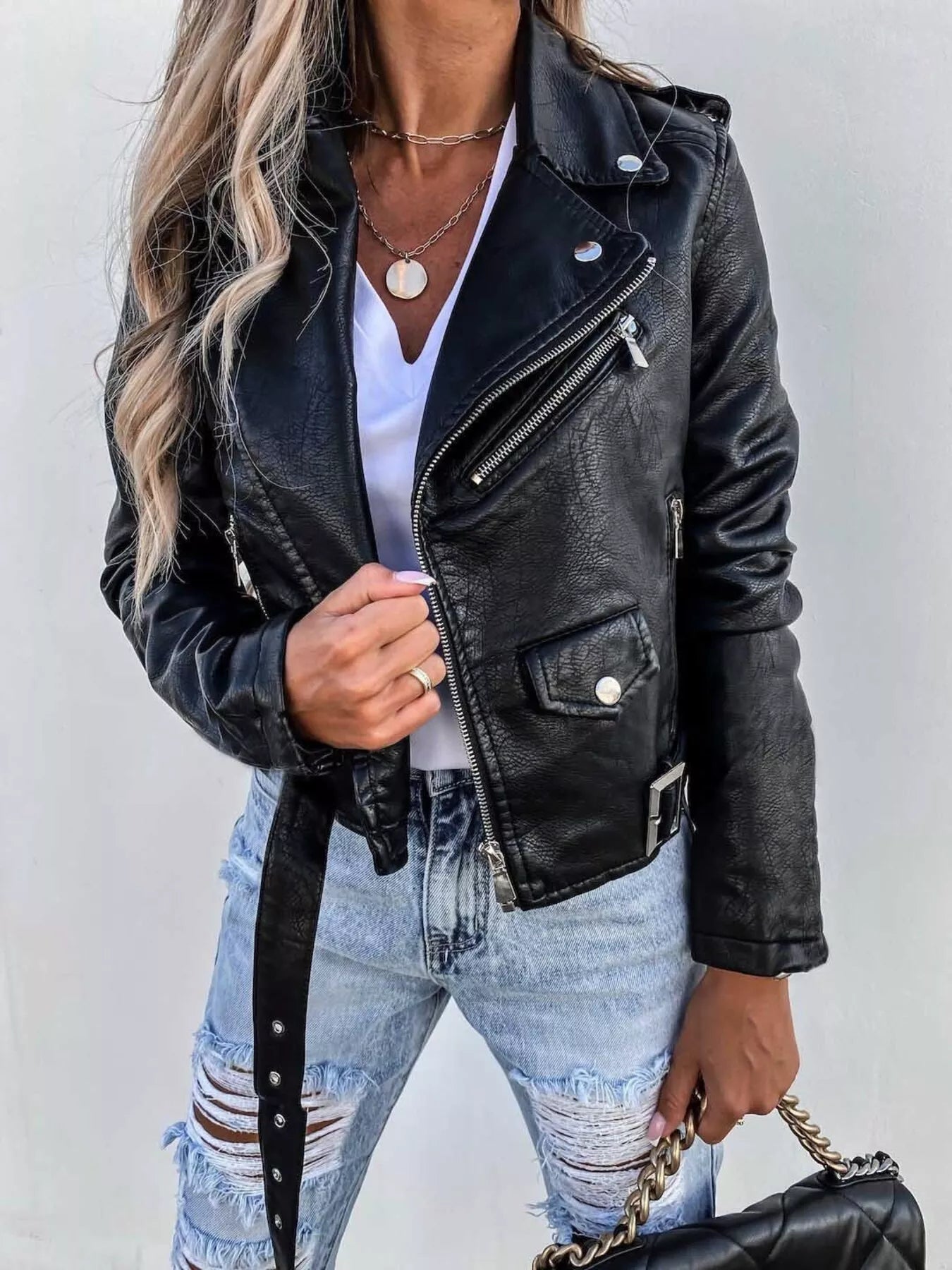 Full Size Zip Up Leather Motorcycle Biker Jacket Plus Size - Fashorio