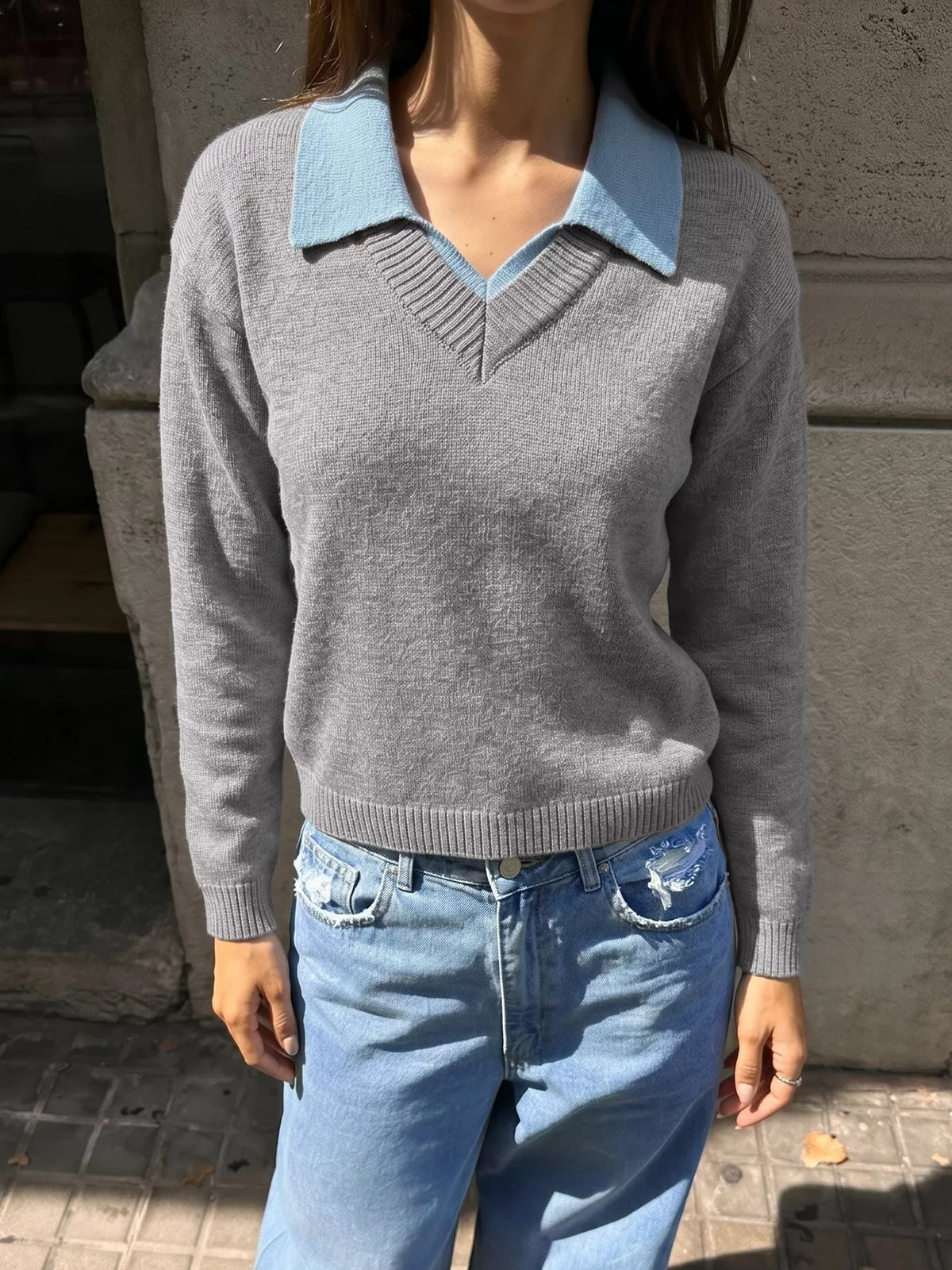 Contrast Collar Drop Shoulder Sweater back view