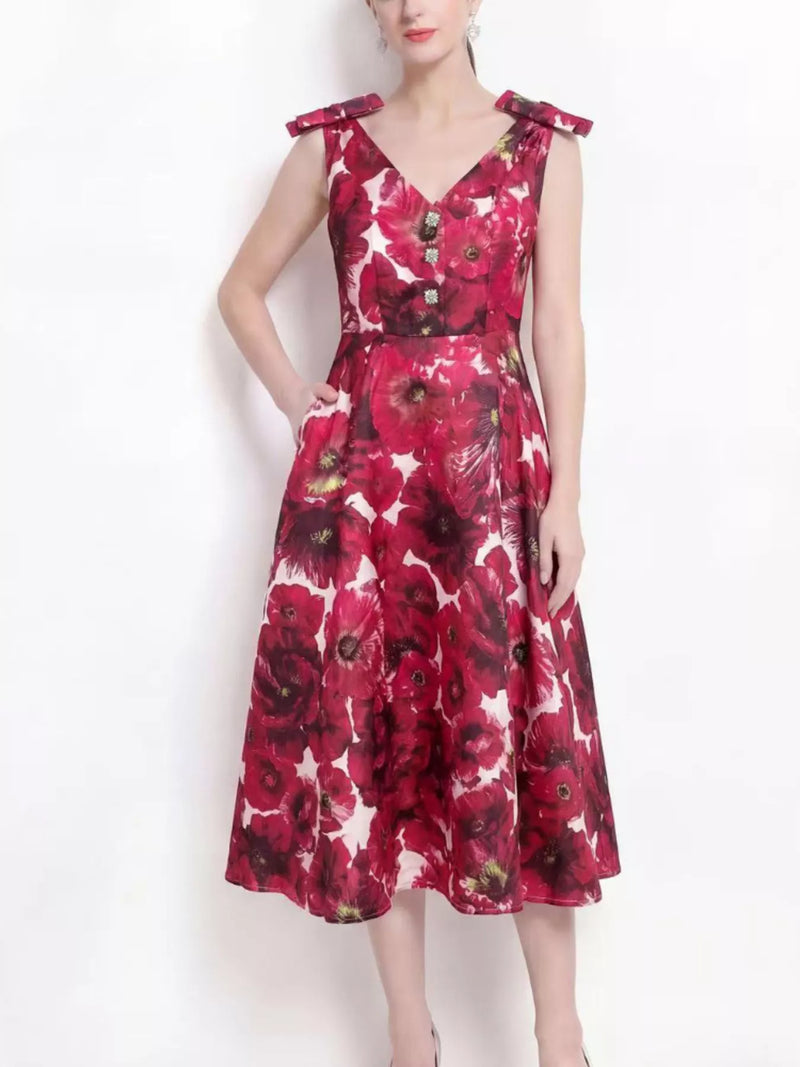 Burgundy v neck sleeveless floral print dress front view