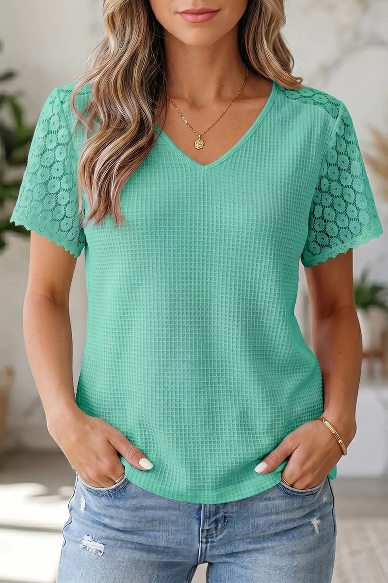 Turquoise waffle knit v neck top with lace trim front view