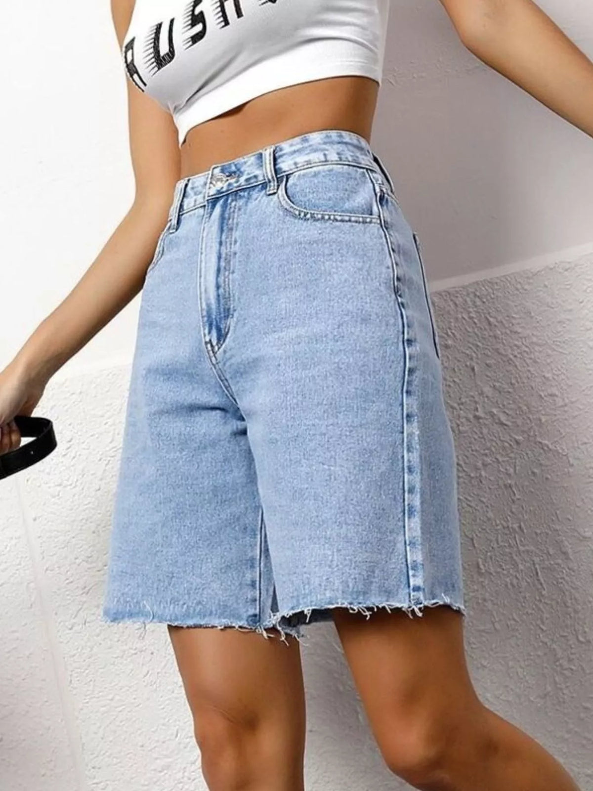 Blue high waist denim shorts back view