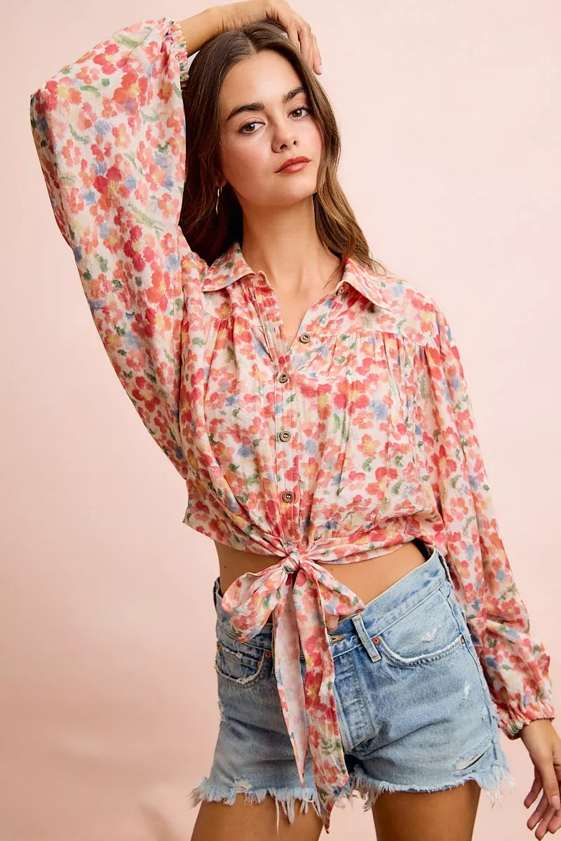 Floral print tie hem crop shirt full outfit view
