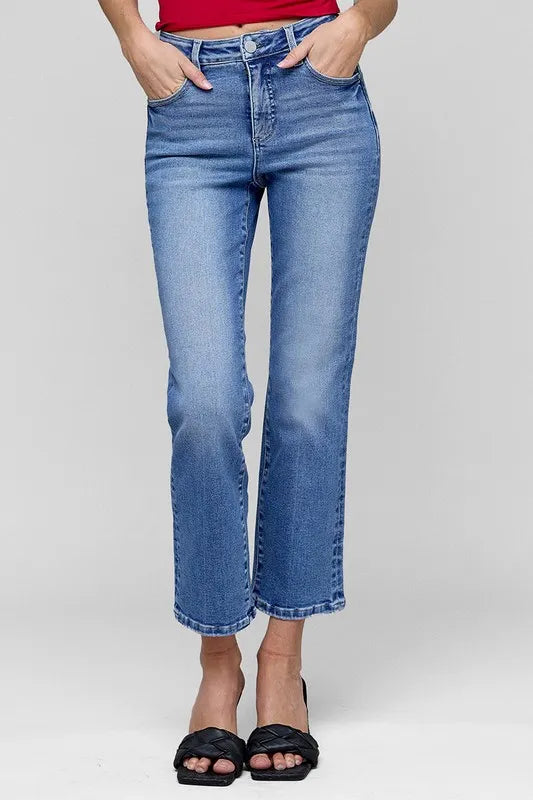 RISEN Full Size Tummy Control High Rise Crop Straight Jeans Plus Size Medium - Fashorio