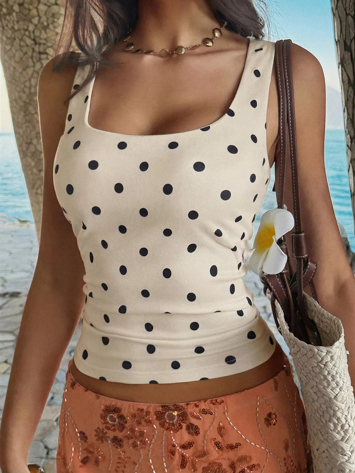 Polka dot scoop neck tank top back view