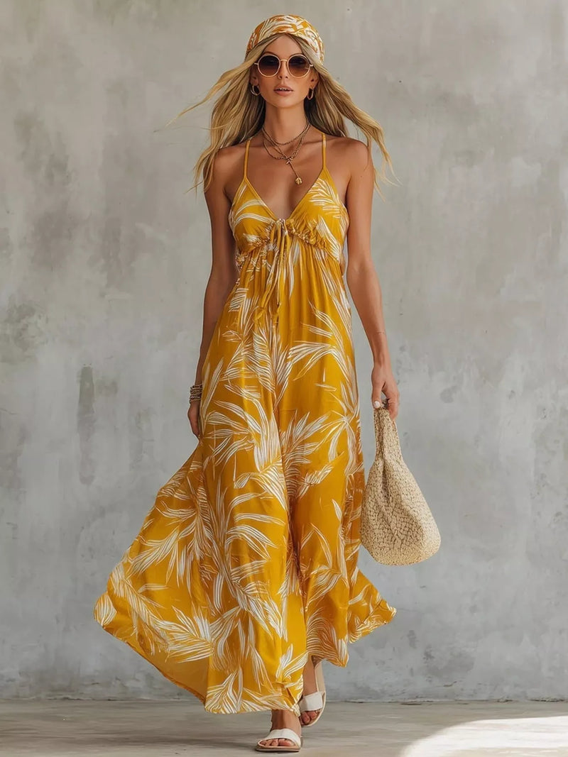 Printed spaghetti strap plus size maxi dress front view