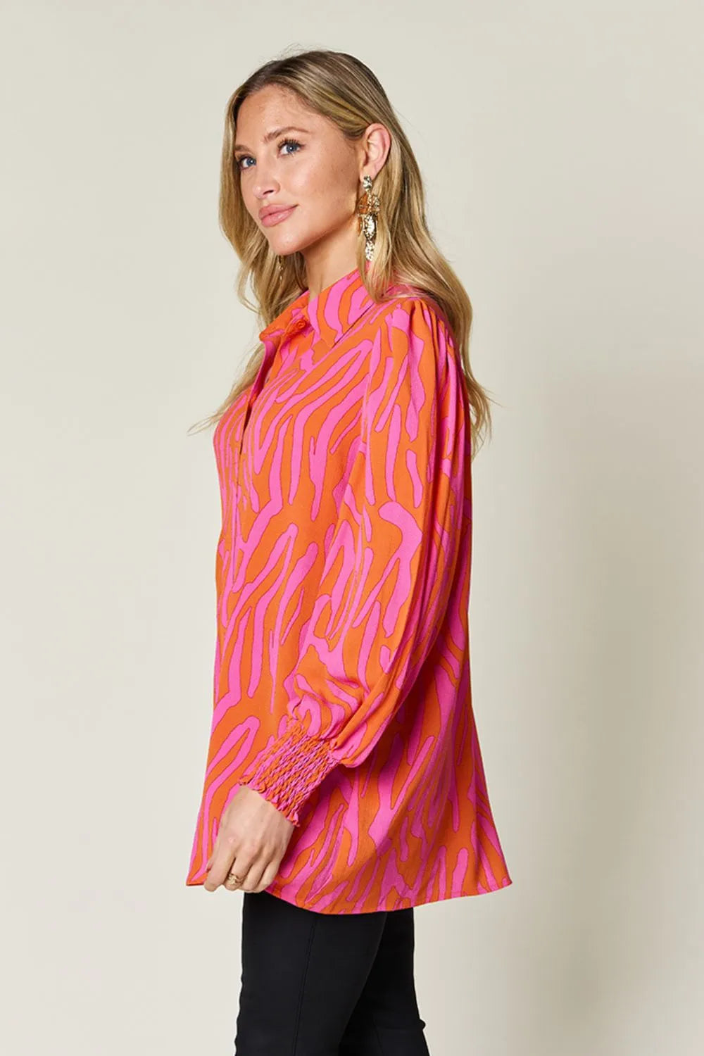 Double Take Printed Smocked Long Sleeve Blouse, view 28