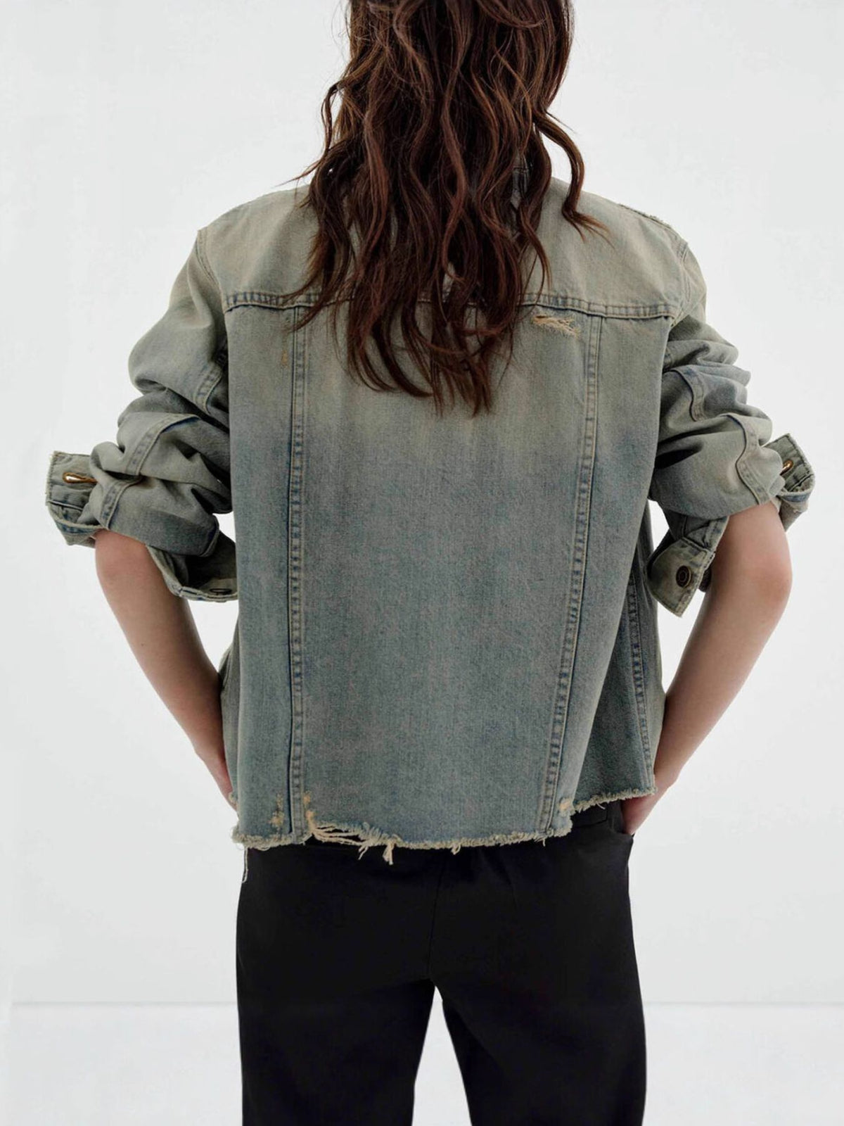 Distressed Wash Denim Jacket in Medium Wash detail