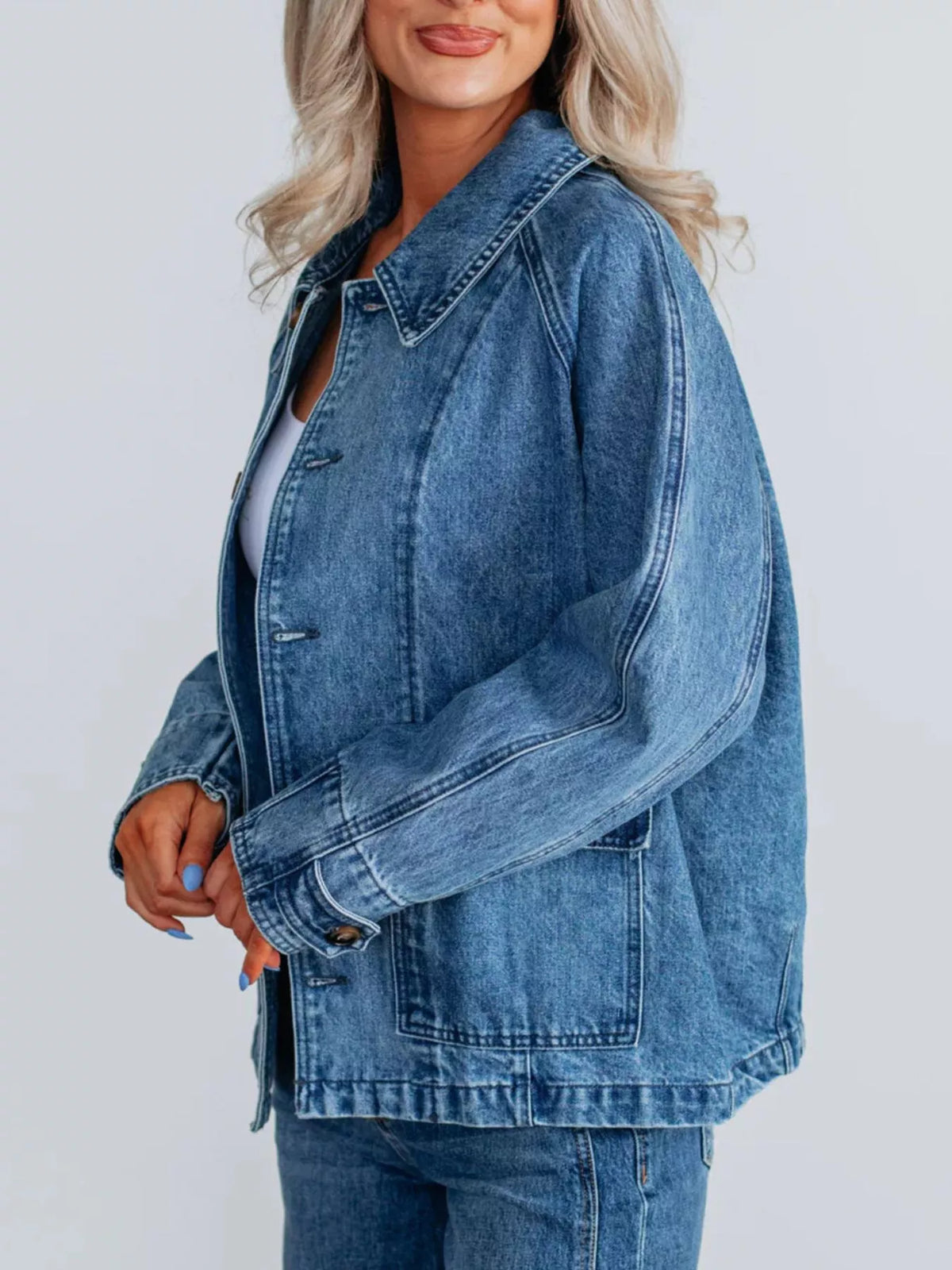 Raglan Sleeve Button Up Denim Jacket in Blue back view