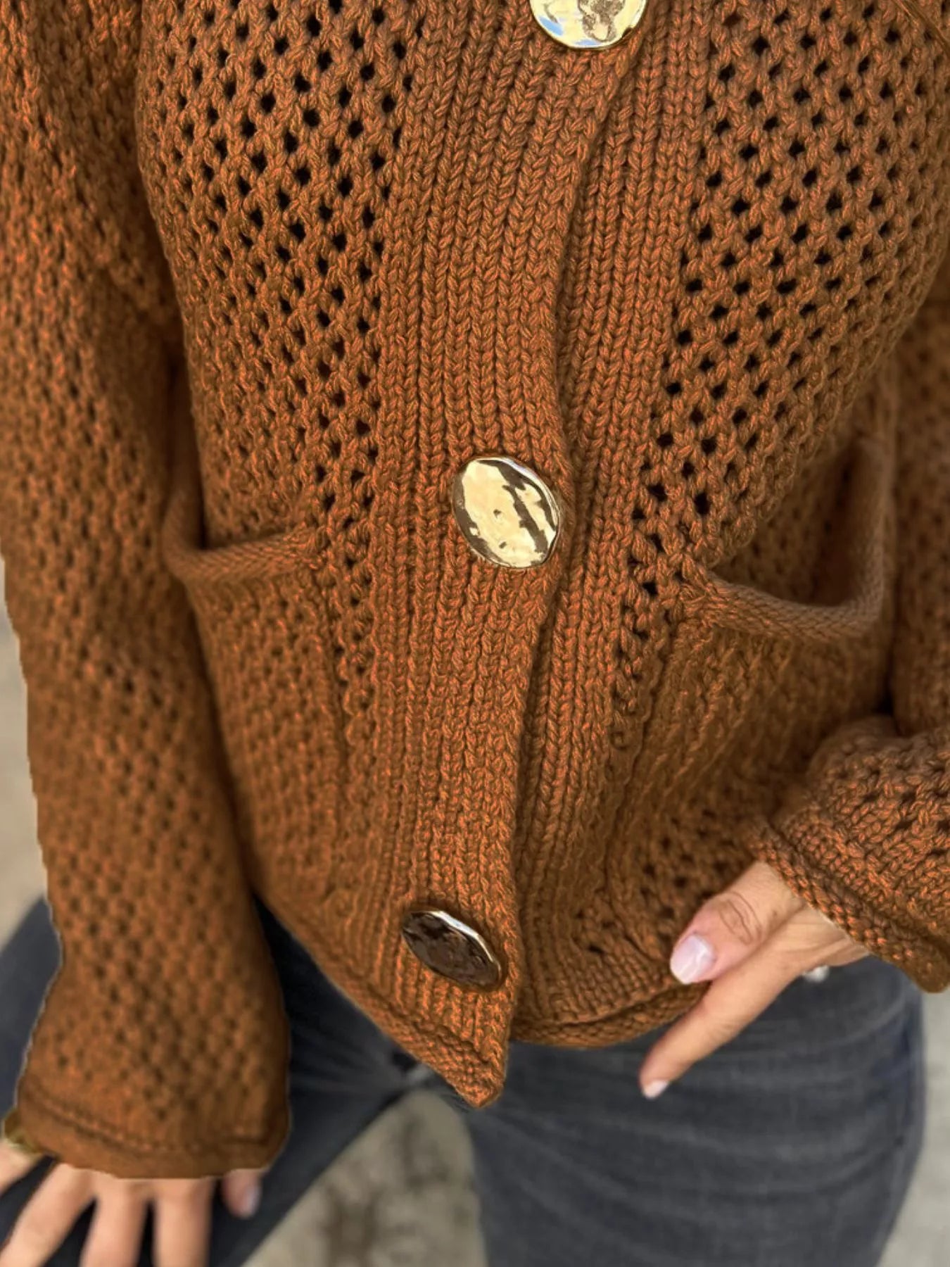 Crochet Button Up Long Sleeve Cardigan - Fashorio