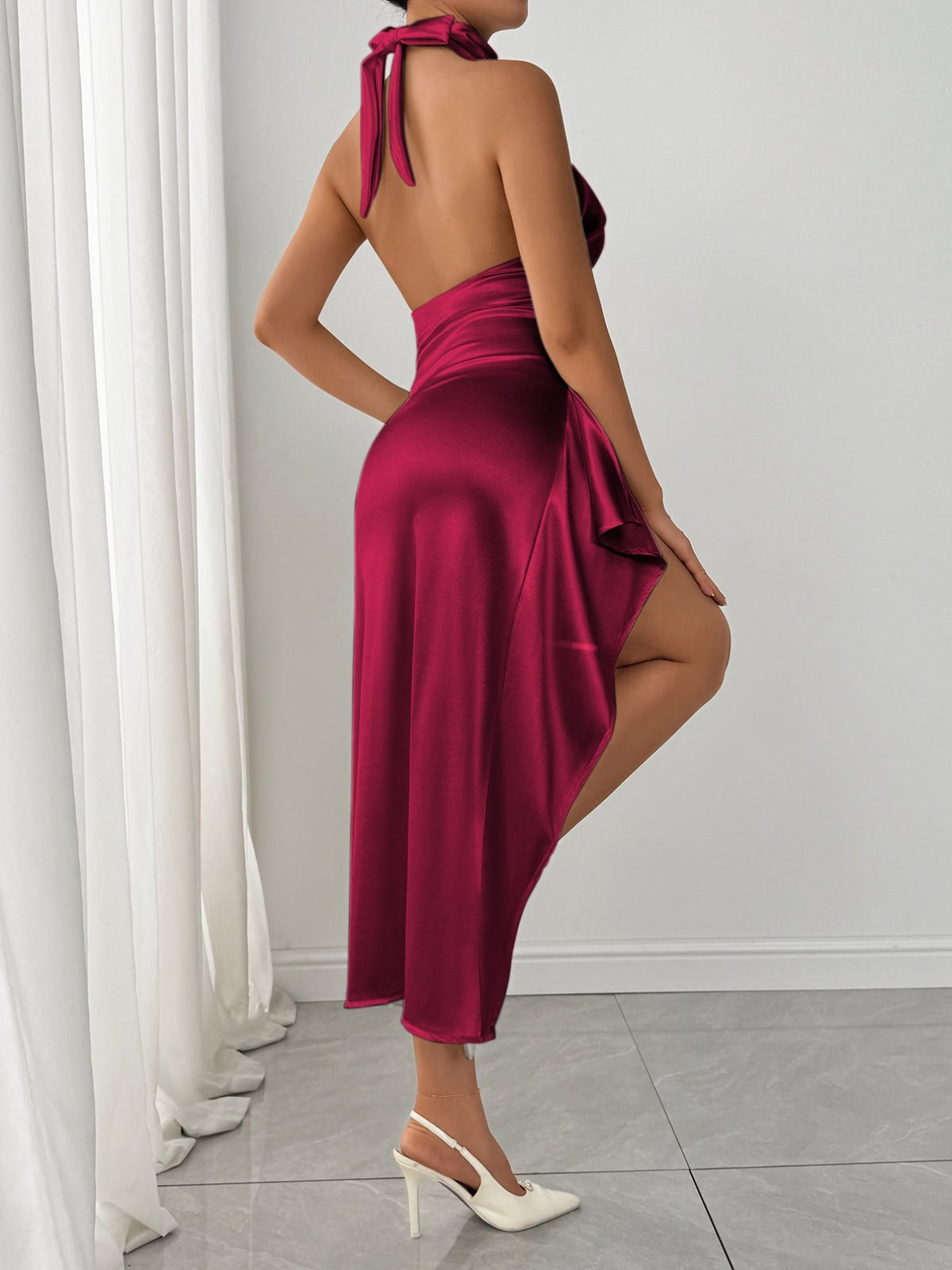 Halter neck high slit satin dress fabric detail