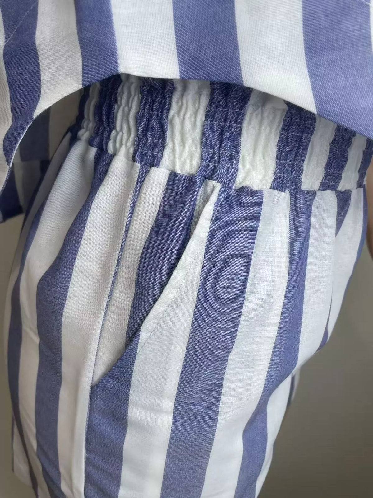 Striped matching shorts close up