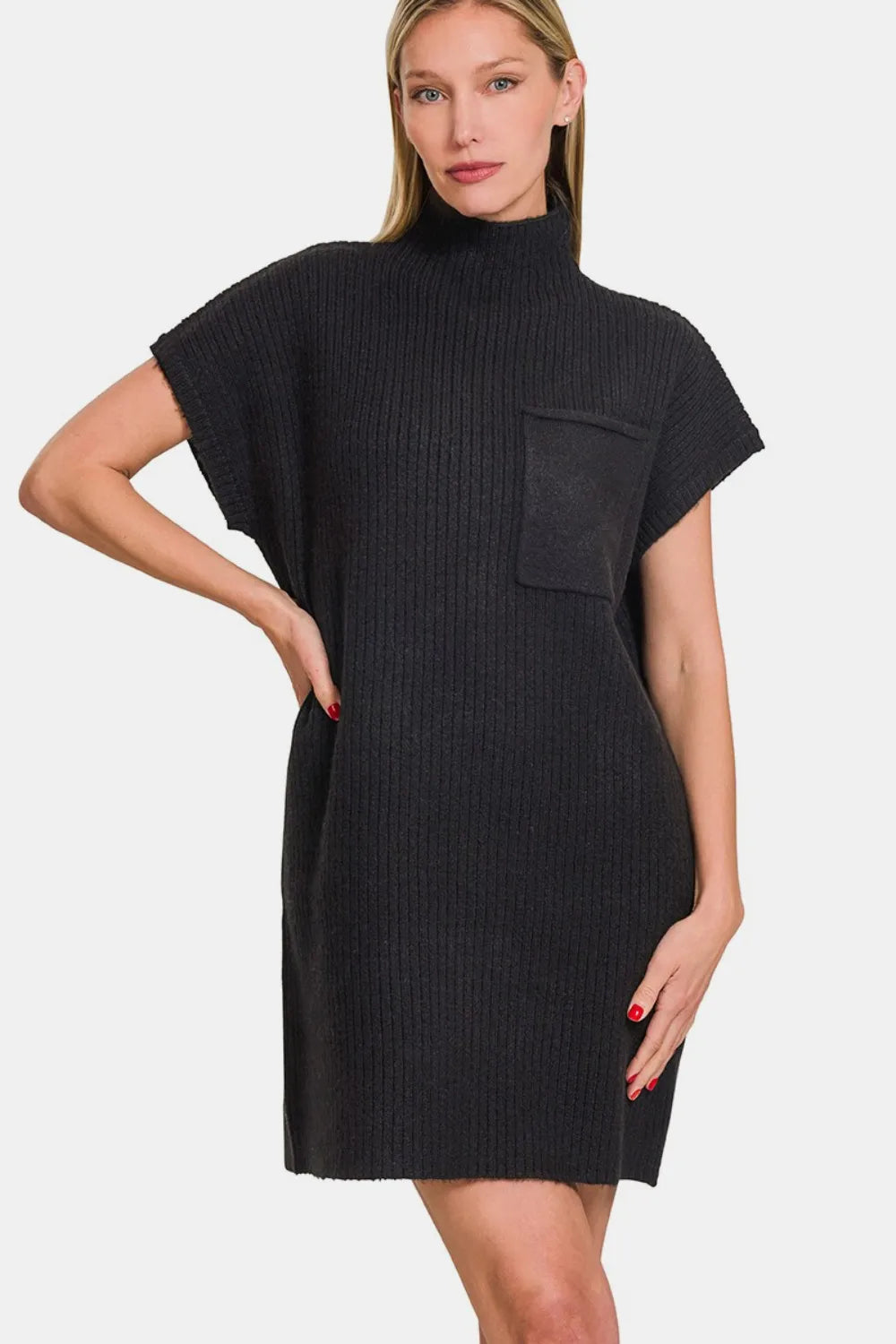 Short Sleeve Sweater Mini Dress in Black side view