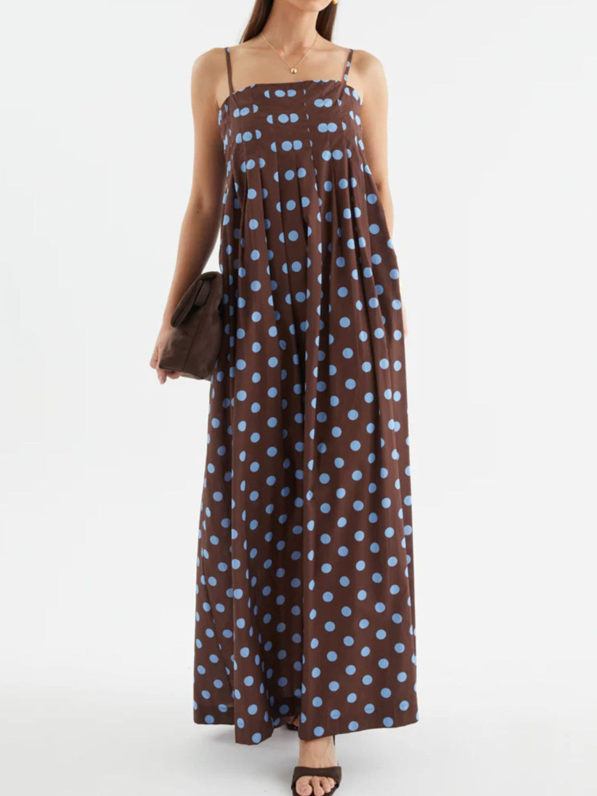 Polka dot smocked pleated maxi dress side view