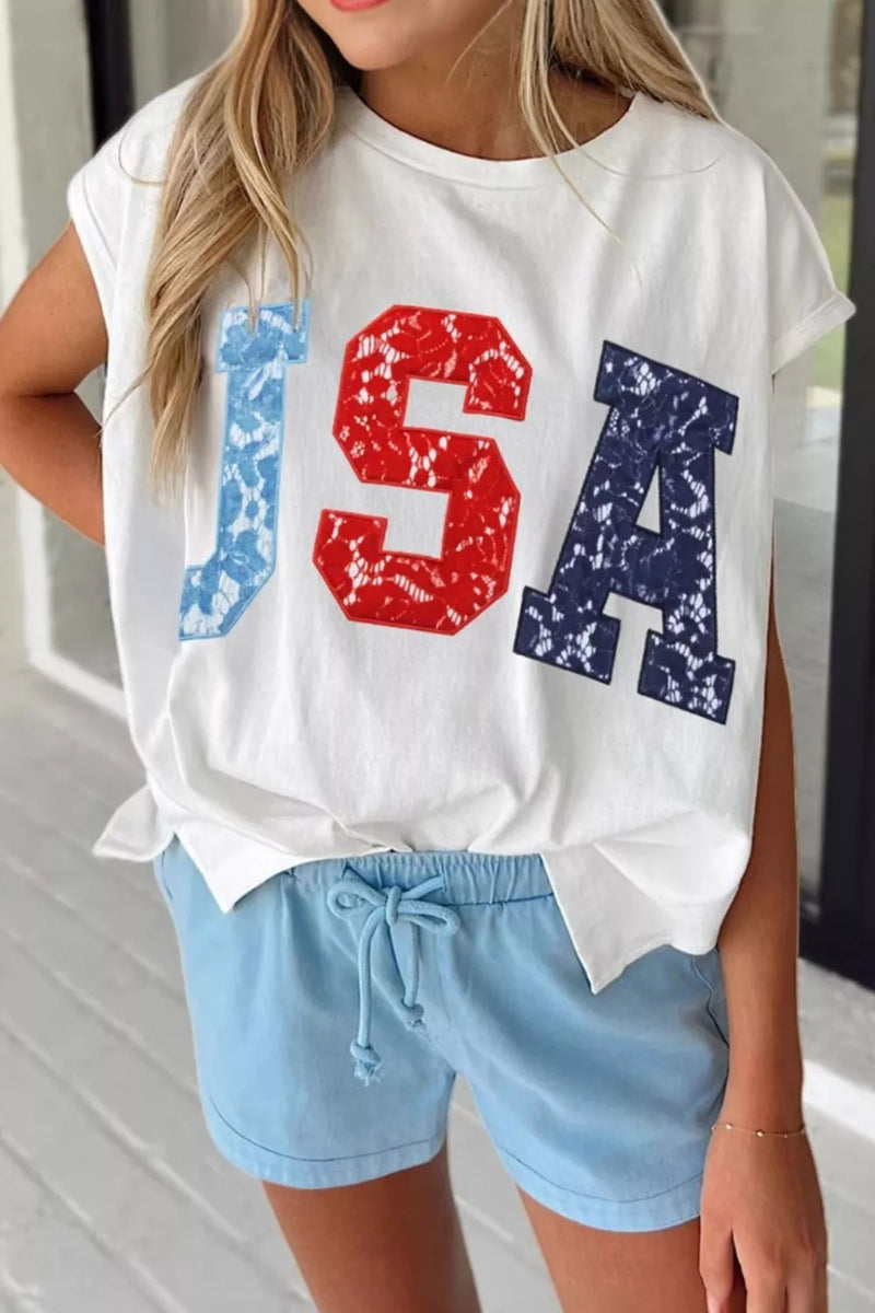 White USA letter graphic color block dolman tee front view