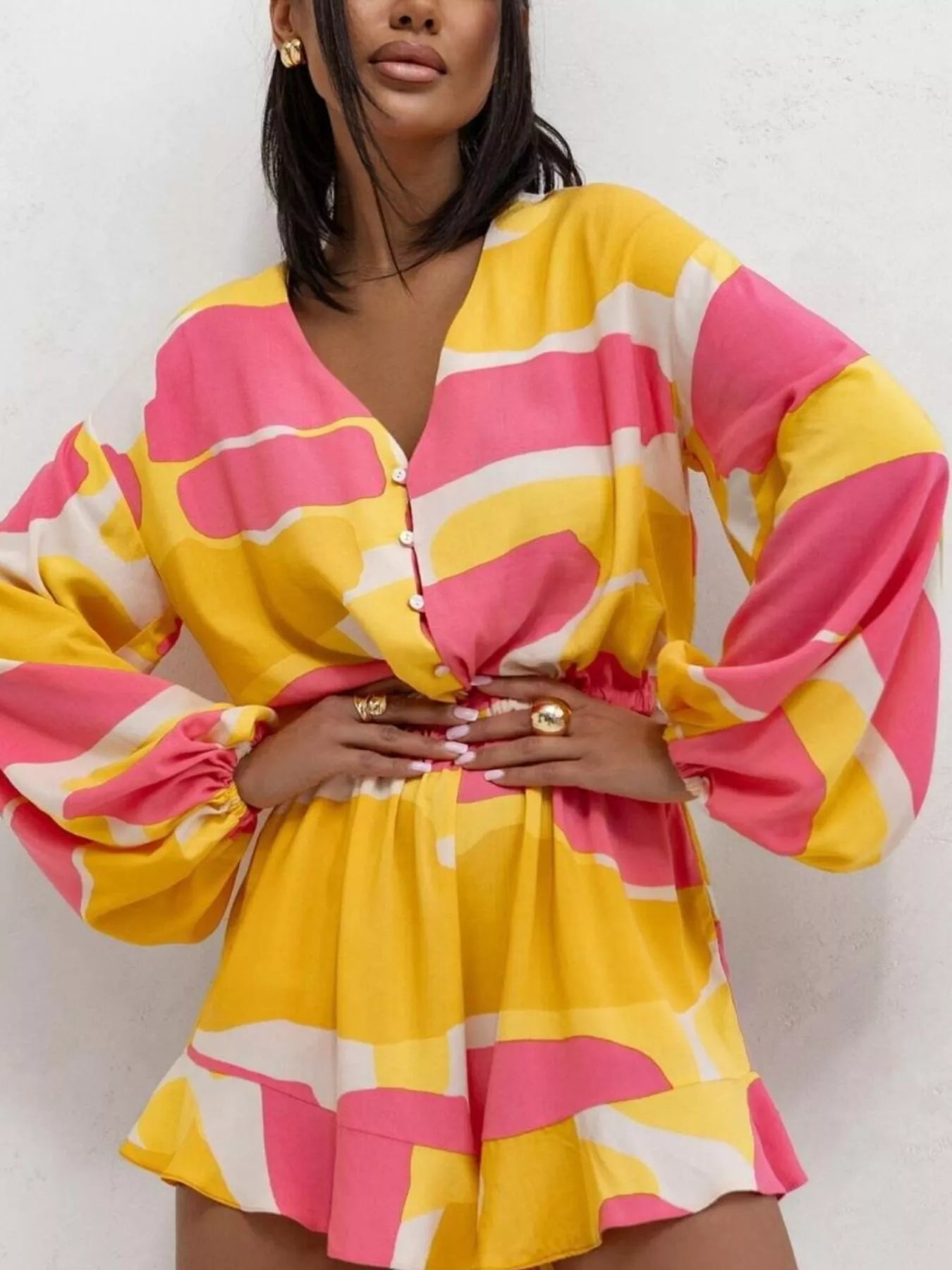 Floral V-Neck Long Sleeve Romper with Elastic Waist Yellow - Fashorio