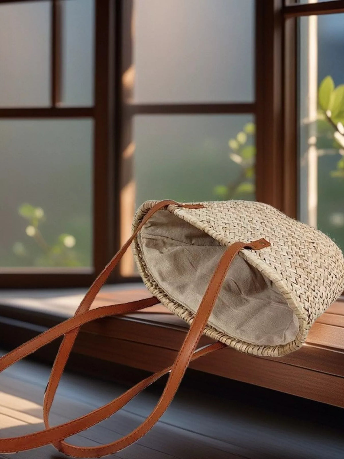 Woven straw summer purse styled with outfit