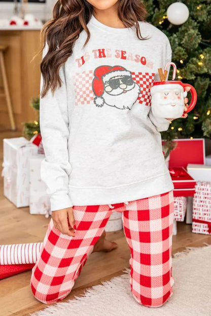 ITS THE SEASON Round Neck Top and Plaid Pants Lounge Set - Fashorio