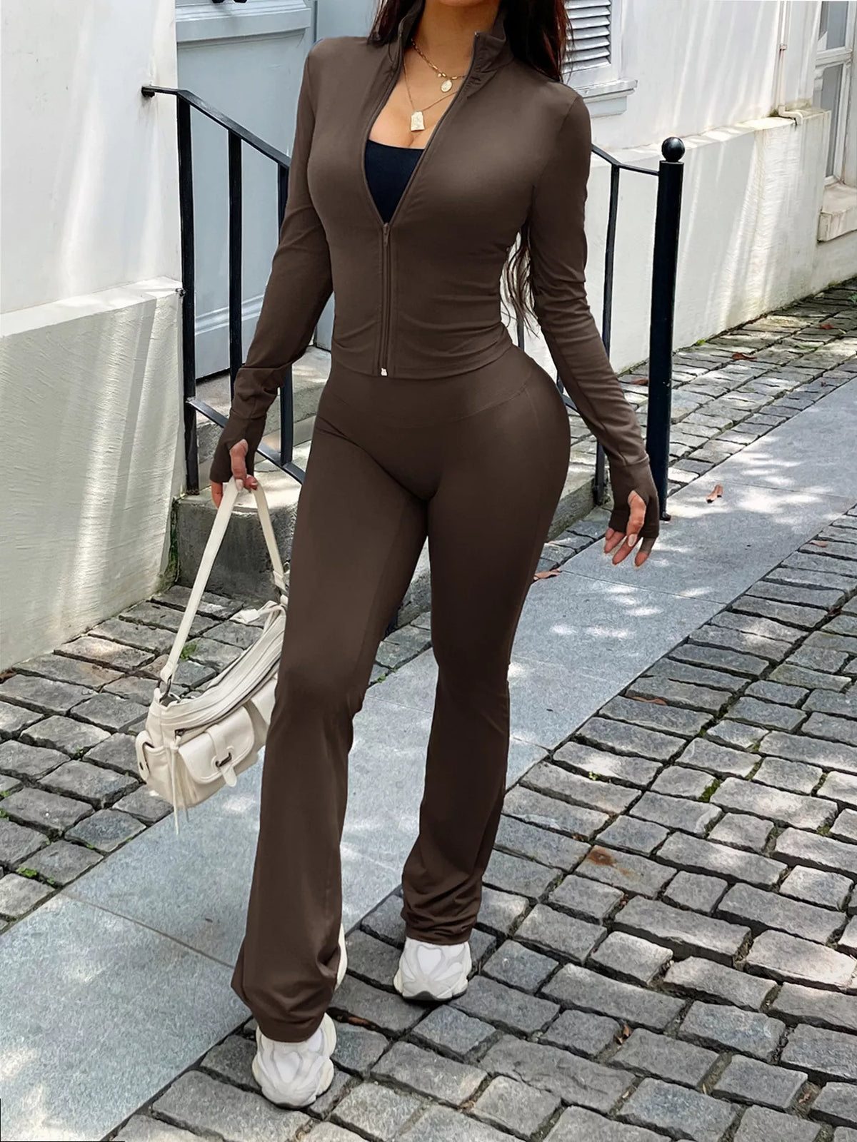Zip Up Long Sleeve Outerwear and Pants Active Set detail