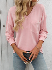Ribbed V-Neck Long Sleeve T-Shirt Blush Pink - Fashorio