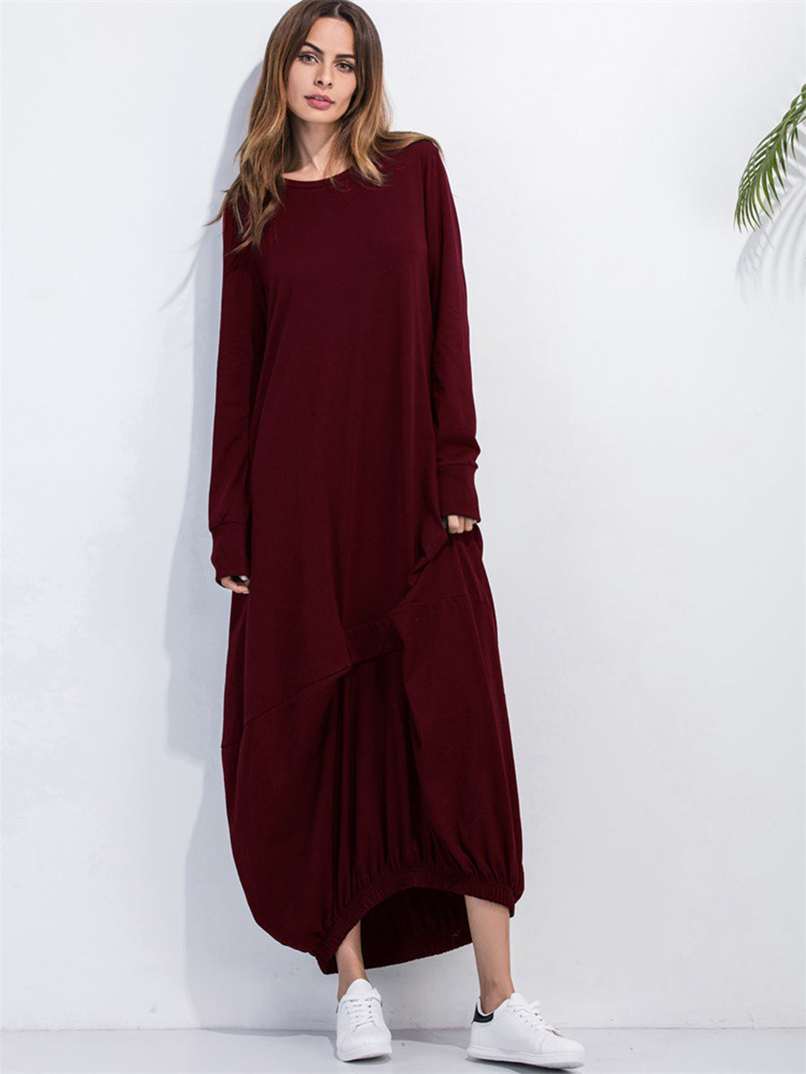 Full Size Round Neck Long Sleeve Sweatshirt Dress Burgundy - Fashorio