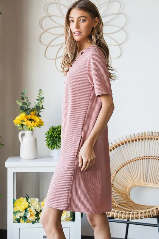 Solid Ribbed Mini Dress with Button view 9