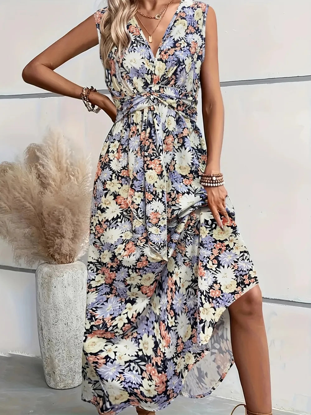 Floral sleeveless ruched midi dress front view