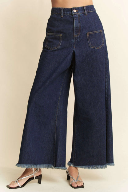 Davi & Dani Patch Pocket Wide Leg Culotte Jeans - Fashorio