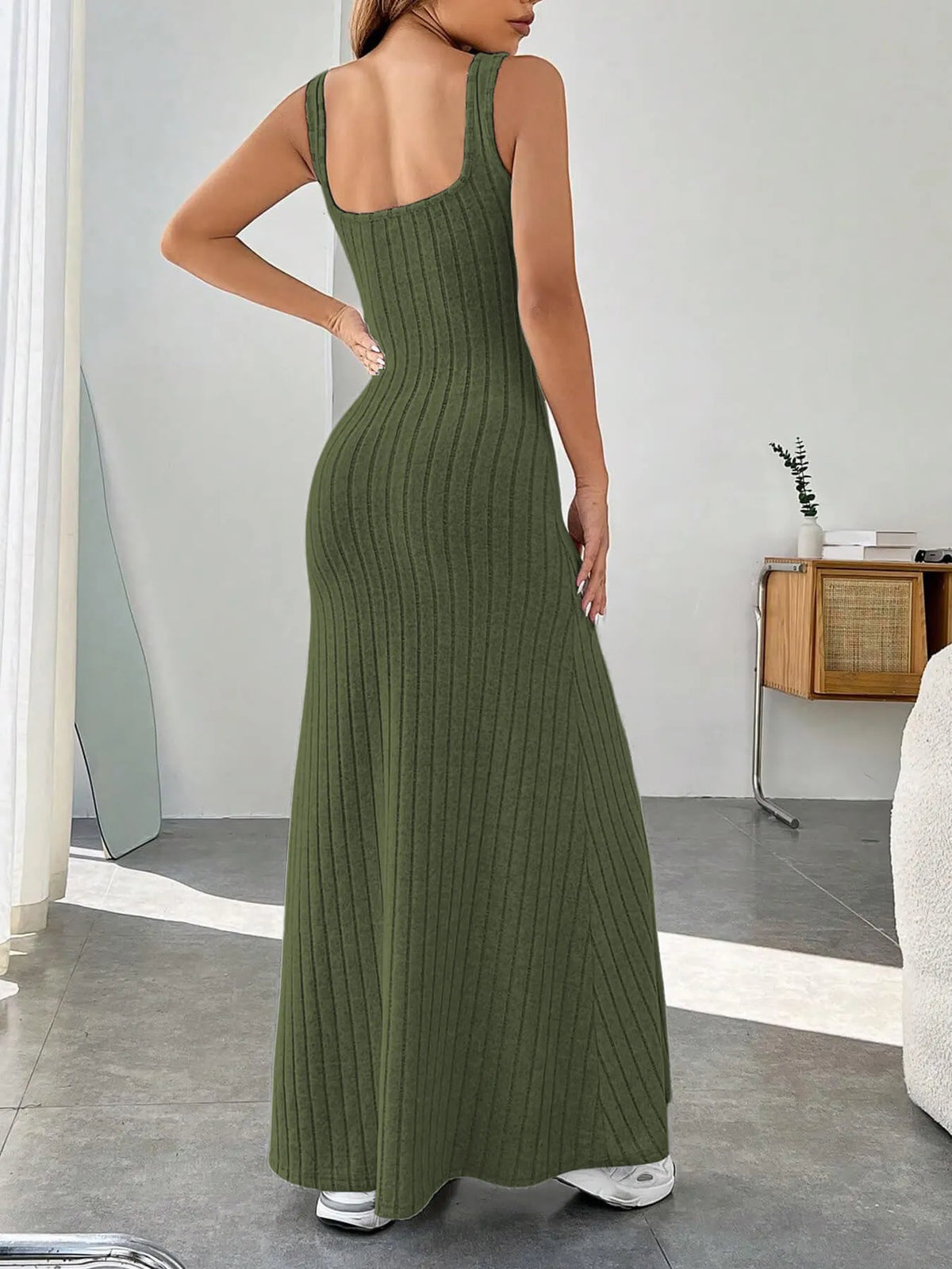 ribbed knit square neck sleeveless maxi dress detail view 2
