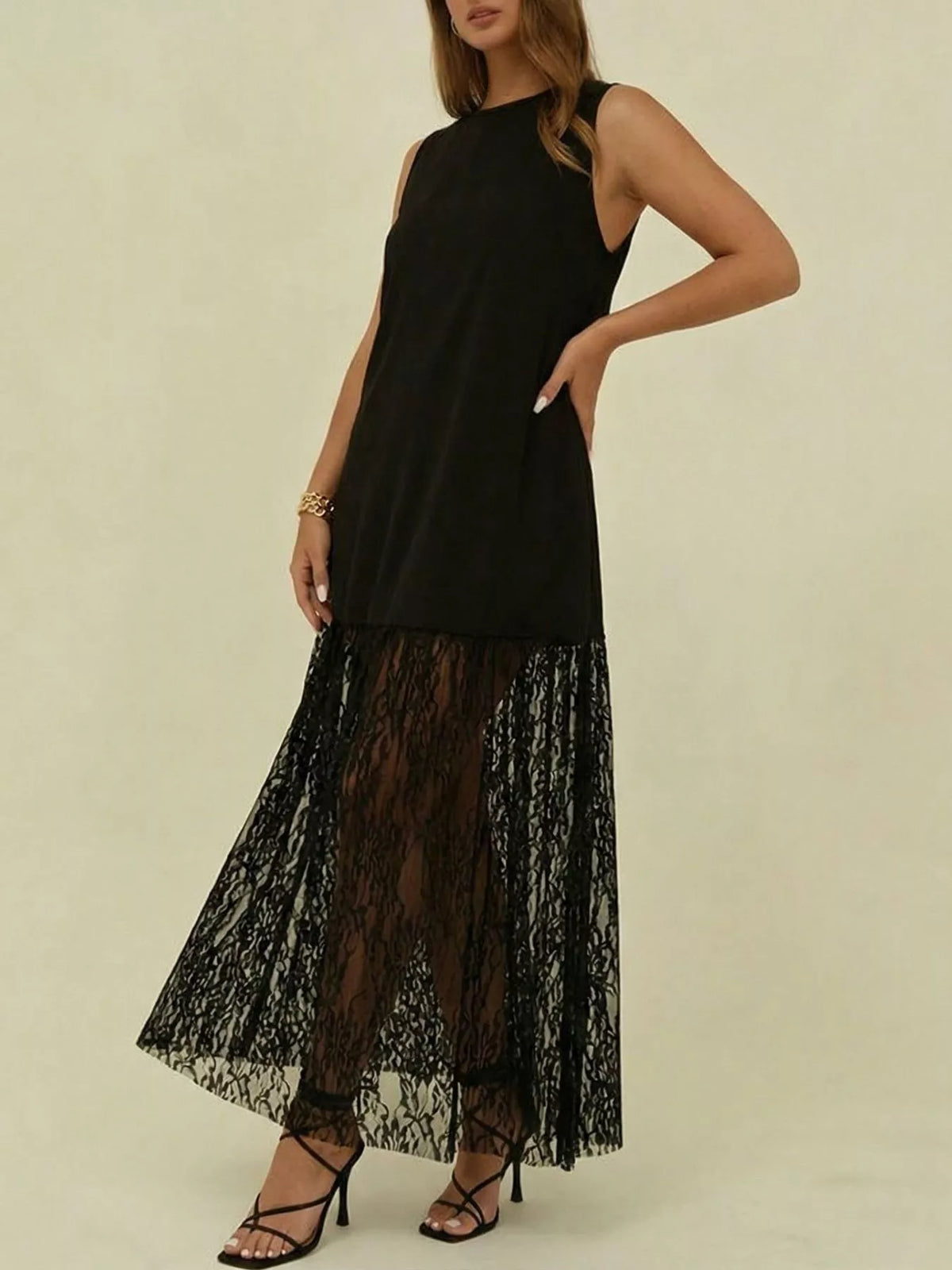 Black plus size sleeveless lace trim maxi dress side view
