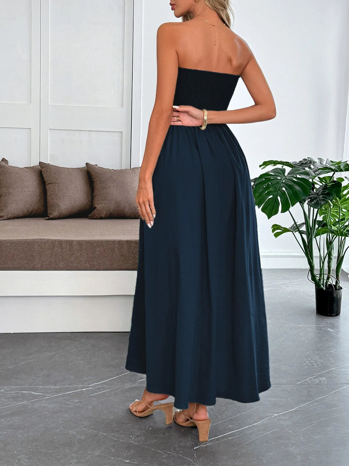 smocked tube maxi dress back view