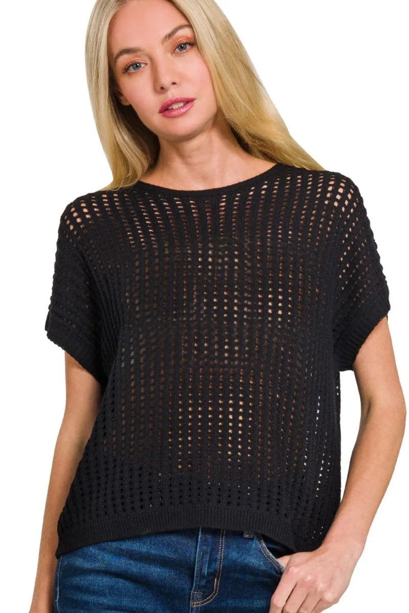 Crochet Knit Sheer Sweater in Black