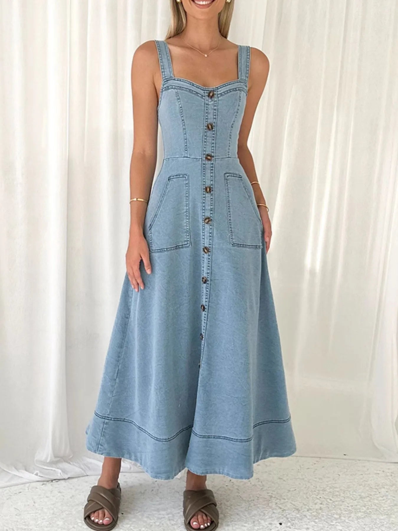 Wide Strap Sweetheart Neck Denim Dress - Fashorio