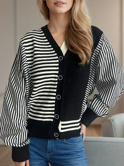 Striped Button Down Long Sleeve Cardigan - Fashorio