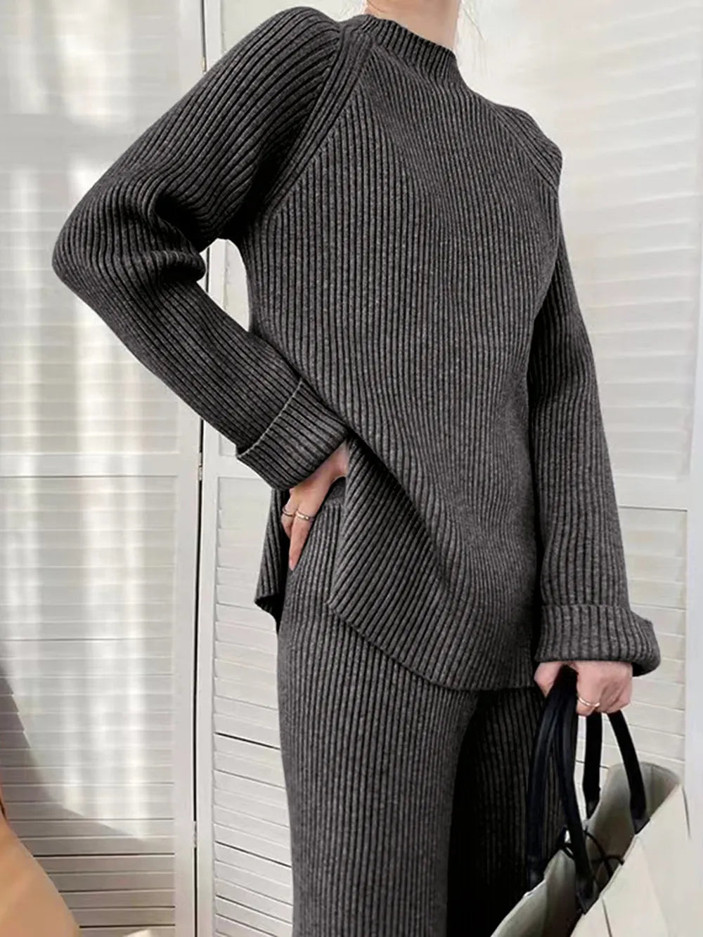 Mock Neck Raglan Sleeve Top and Pants Sweater Set - Fashorio