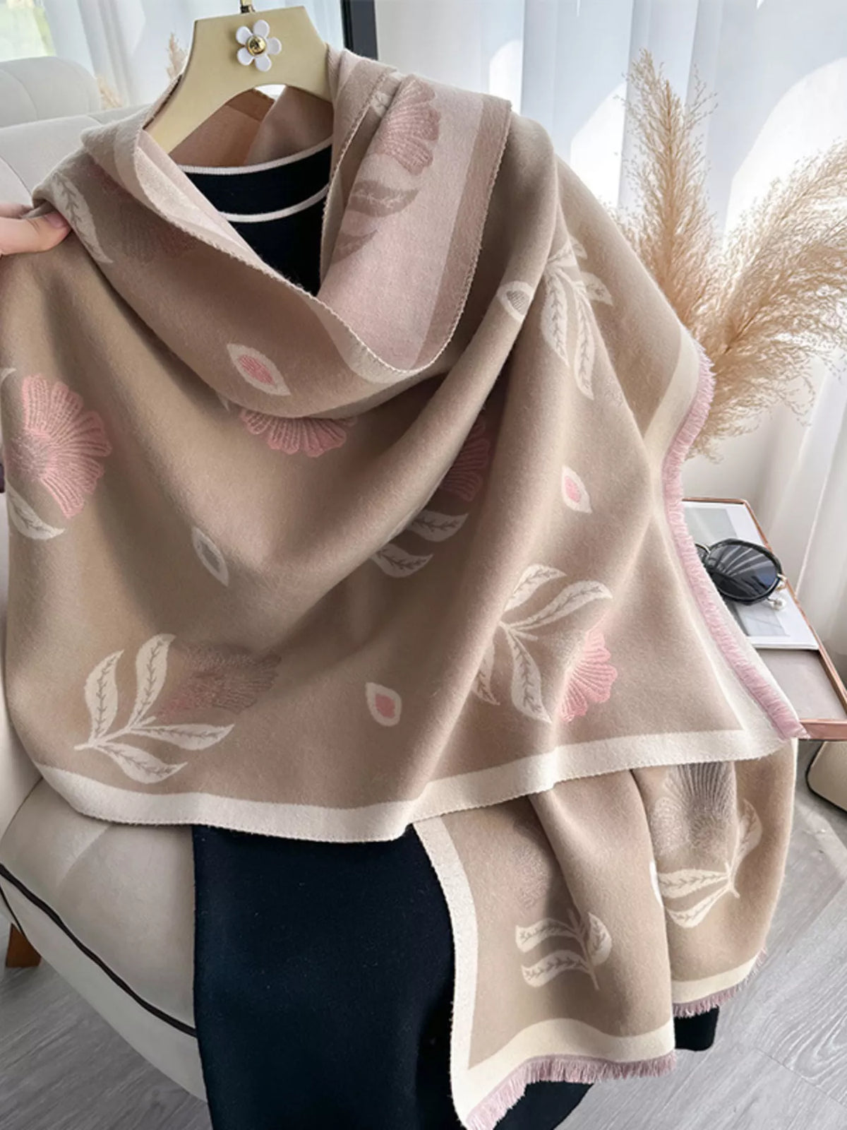 Printed raw hem shawl full length drape