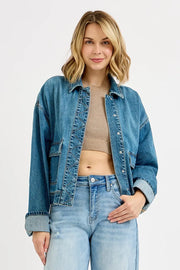 RISEN Oversized Cargo Pocket Denim Jacket with Cuffed Sleeves MEDIUM - Fashorio