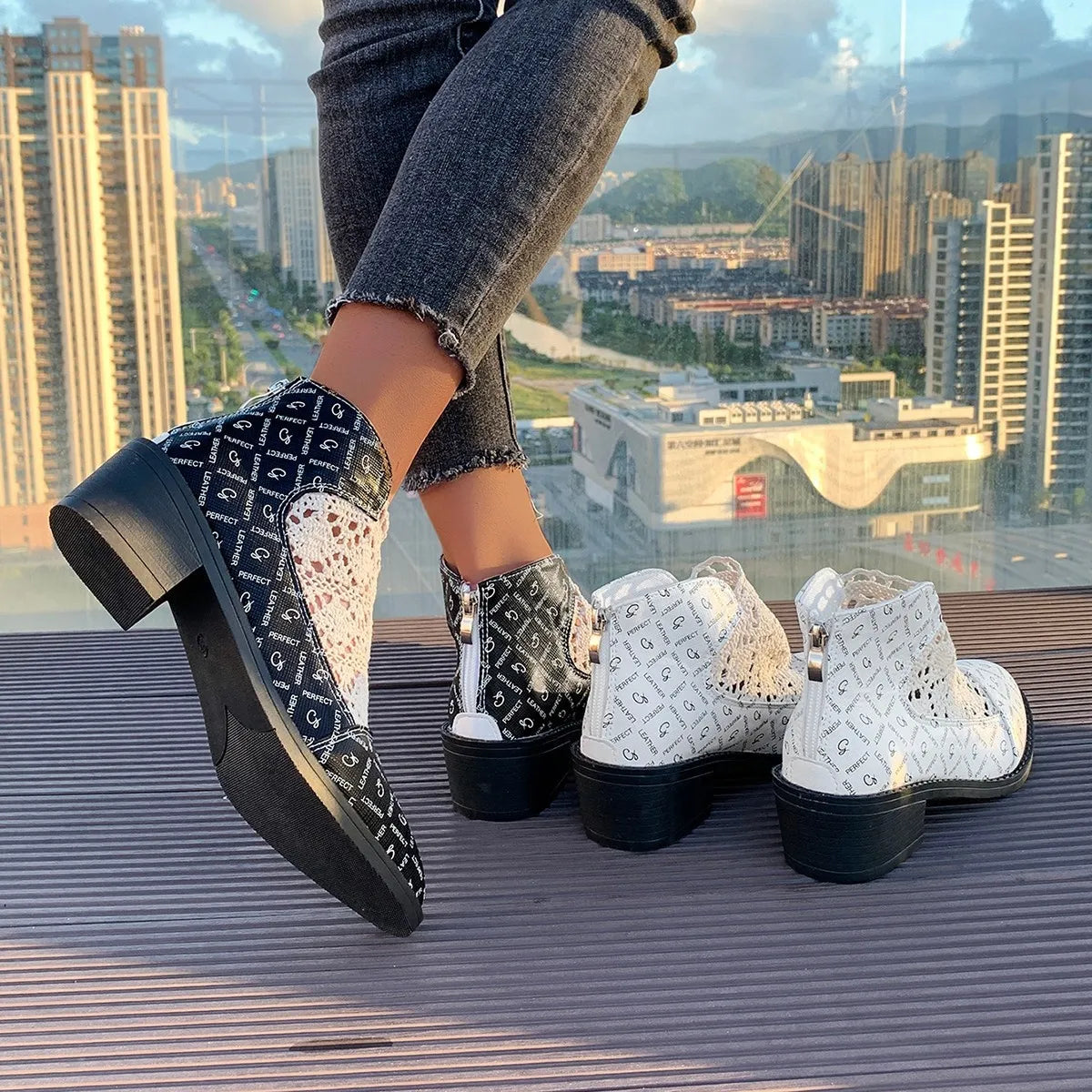 Printed Point Toe Block Heel Boots front view
