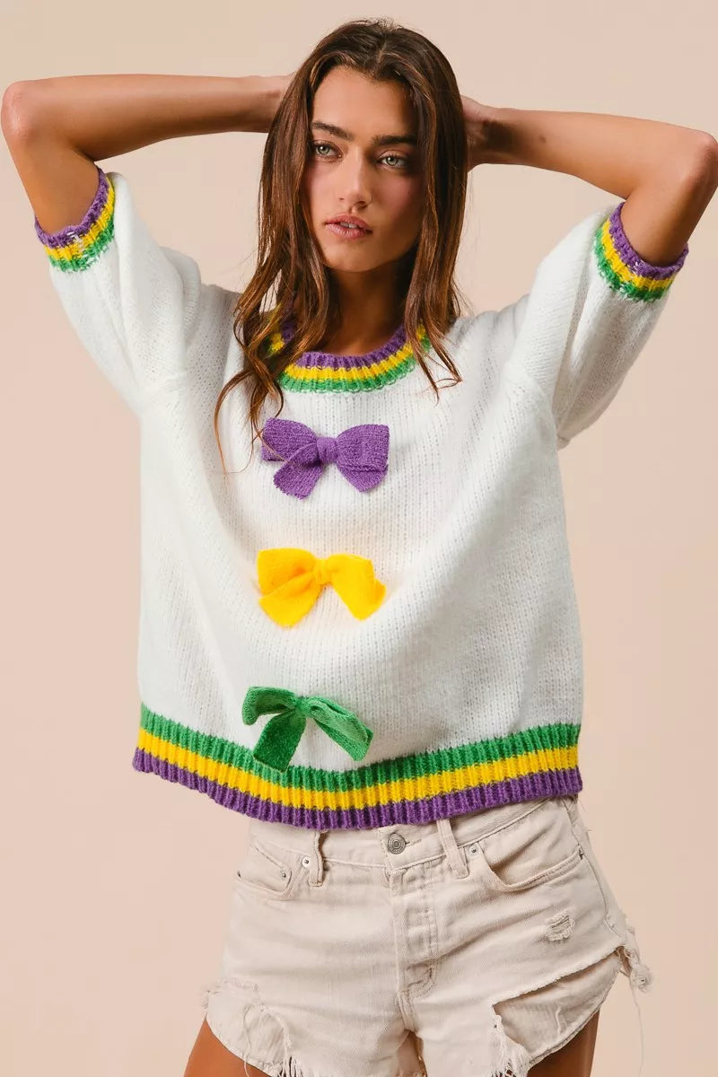 Puff Sleeve Ribbon Bow Sweater in Ivory close up