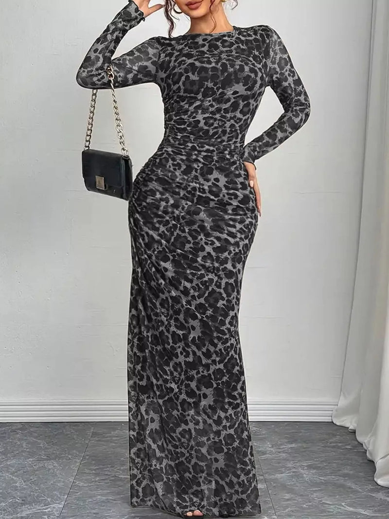 Leopard ruched bodycon maxi dress front view