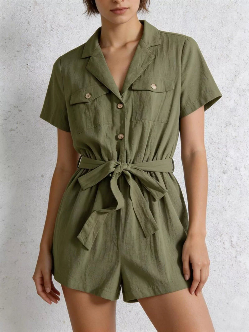 Moss tie waist short sleeve romper front view