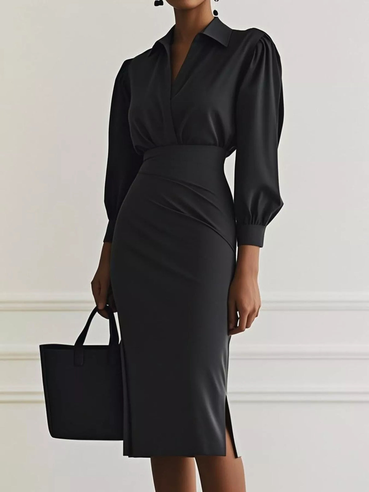 ruched midi shirt dress front view