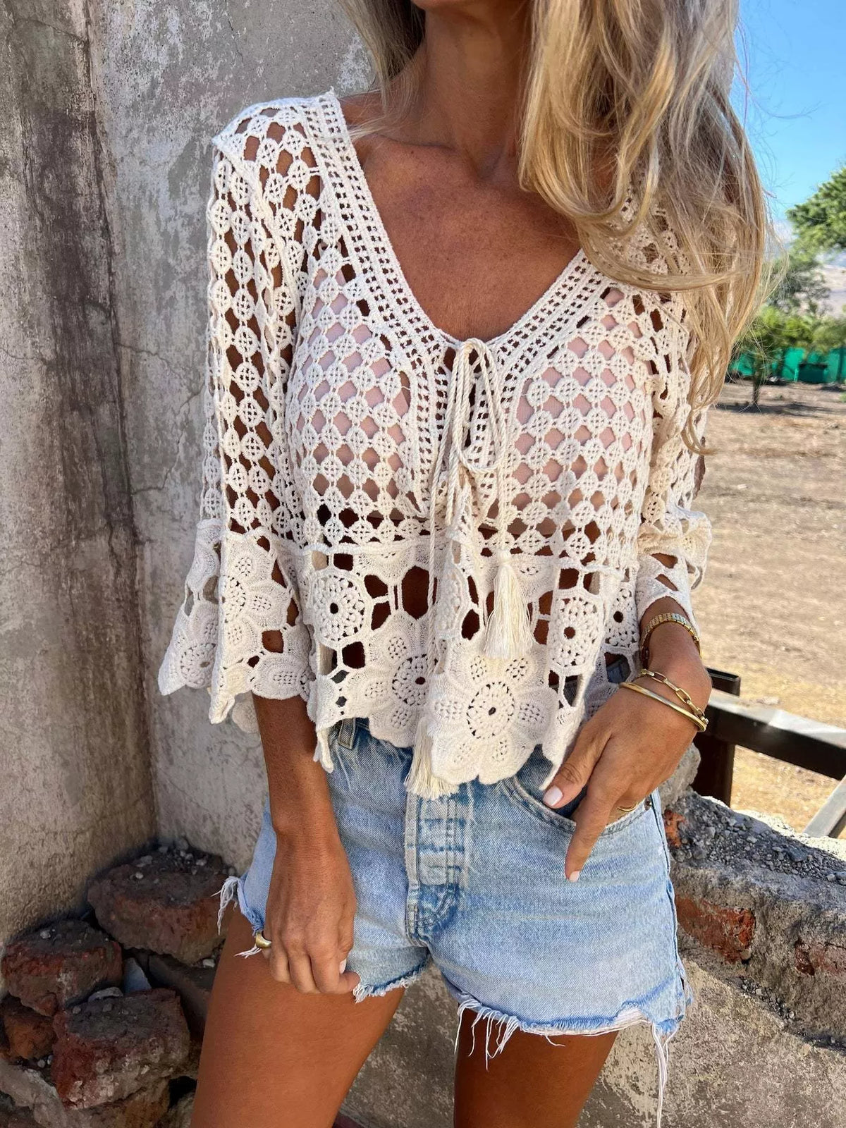 Tassel crochet knit beach cover up front view