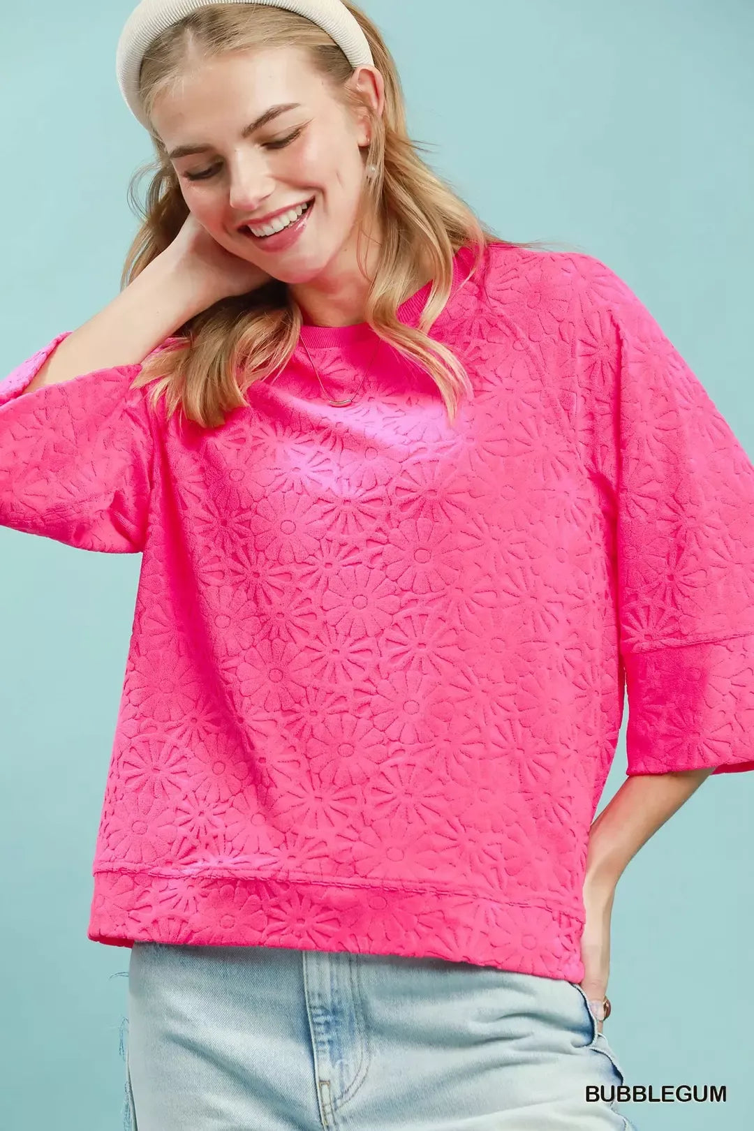 Pink floral terry round neck blouse front view