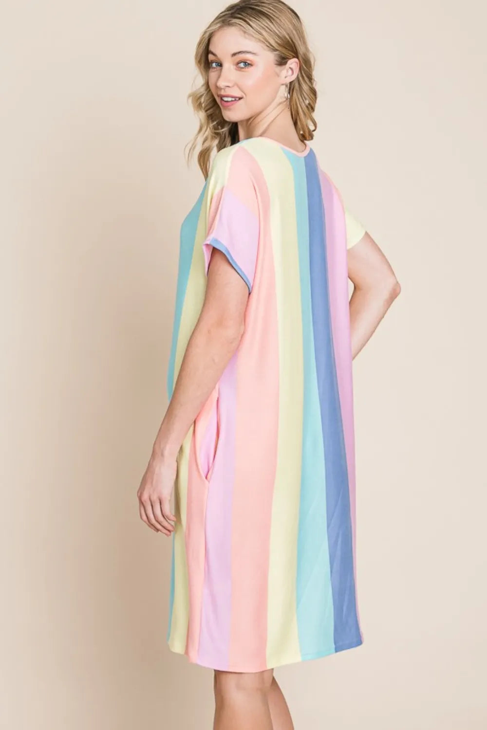 Striped Short Sleeve Dress with Pockets back view