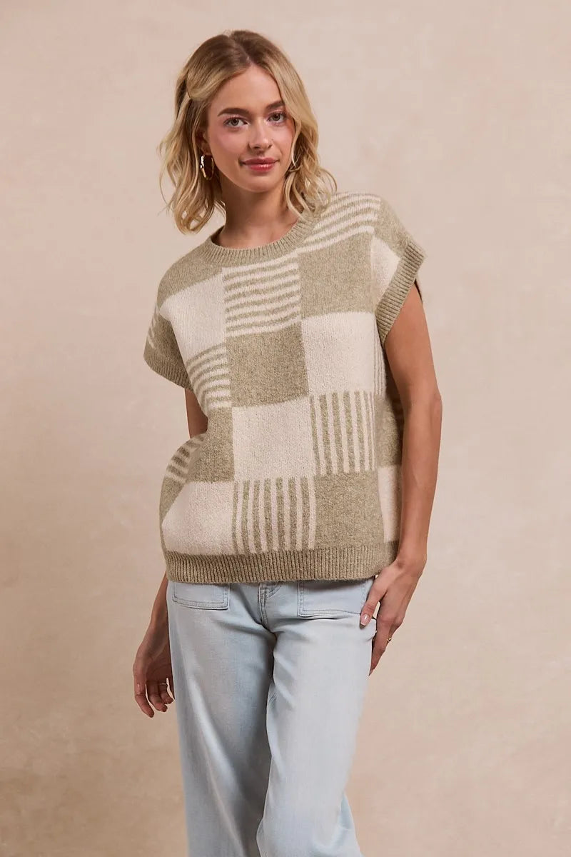 Olive Check and Stripe Sleeveless Sweater back view