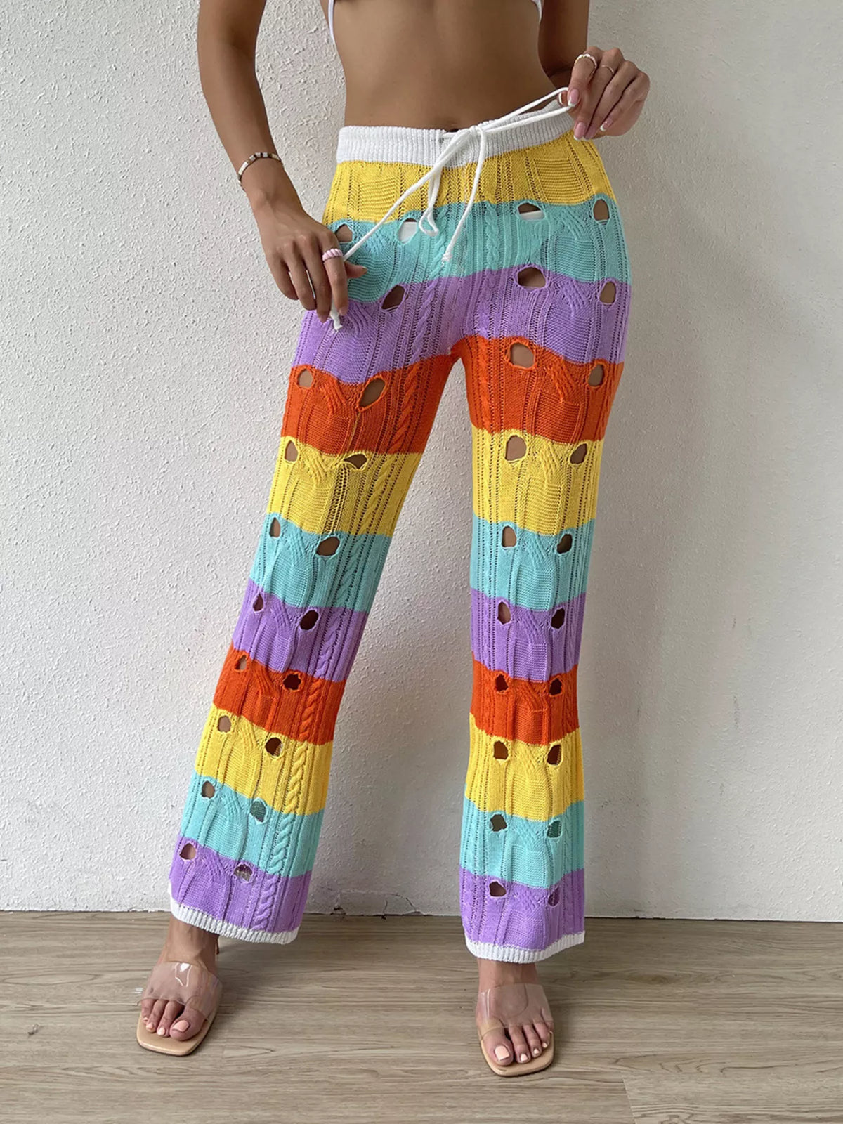 Striped crochet knit drawstring pants side view