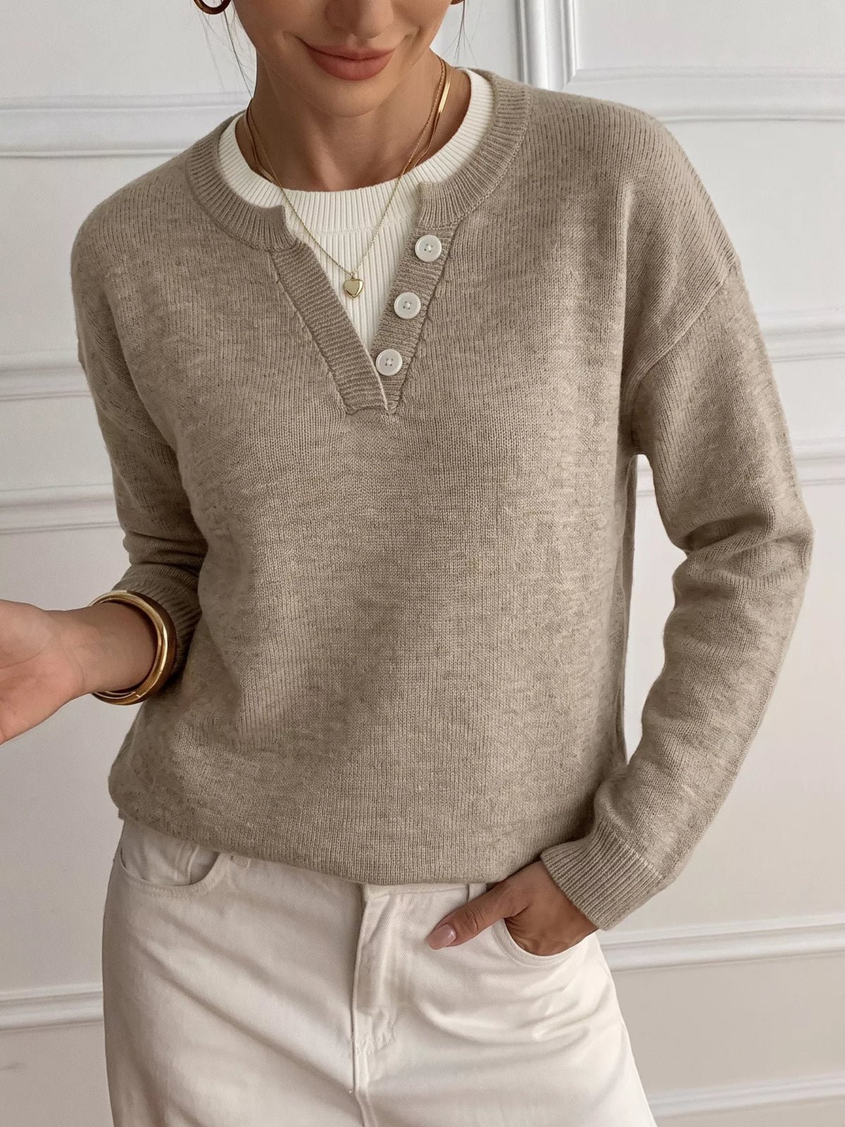Button Detail Drop Shoulder Long Sleeve Sweater